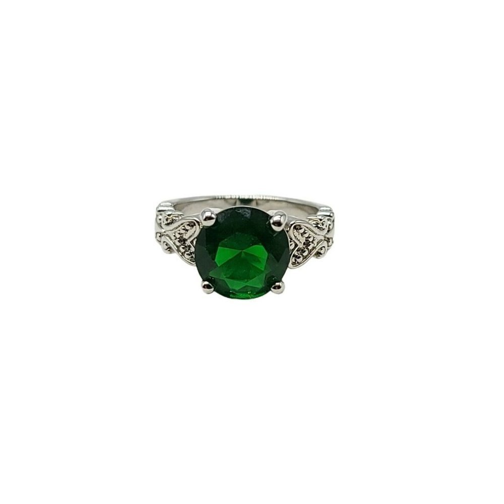 Faux Emerald Dark Green Rhinestone Costume Bling Ring Size 6 Silver Plated